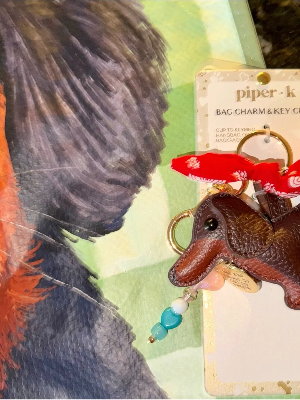 Piper Brown Leather Dachshund Bag Charm key with Red Bandana Accent Free Bag NEW